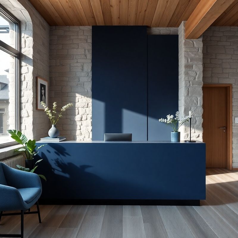 Pisarna Studio Krajnc — sprejemni prostor z indigo poudarki